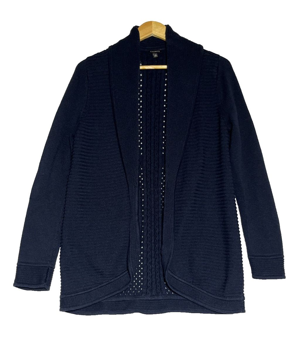 Talbots Ribbed Shawl Collar Cardigan Womens Small Navy Blue Open Knit Sweater